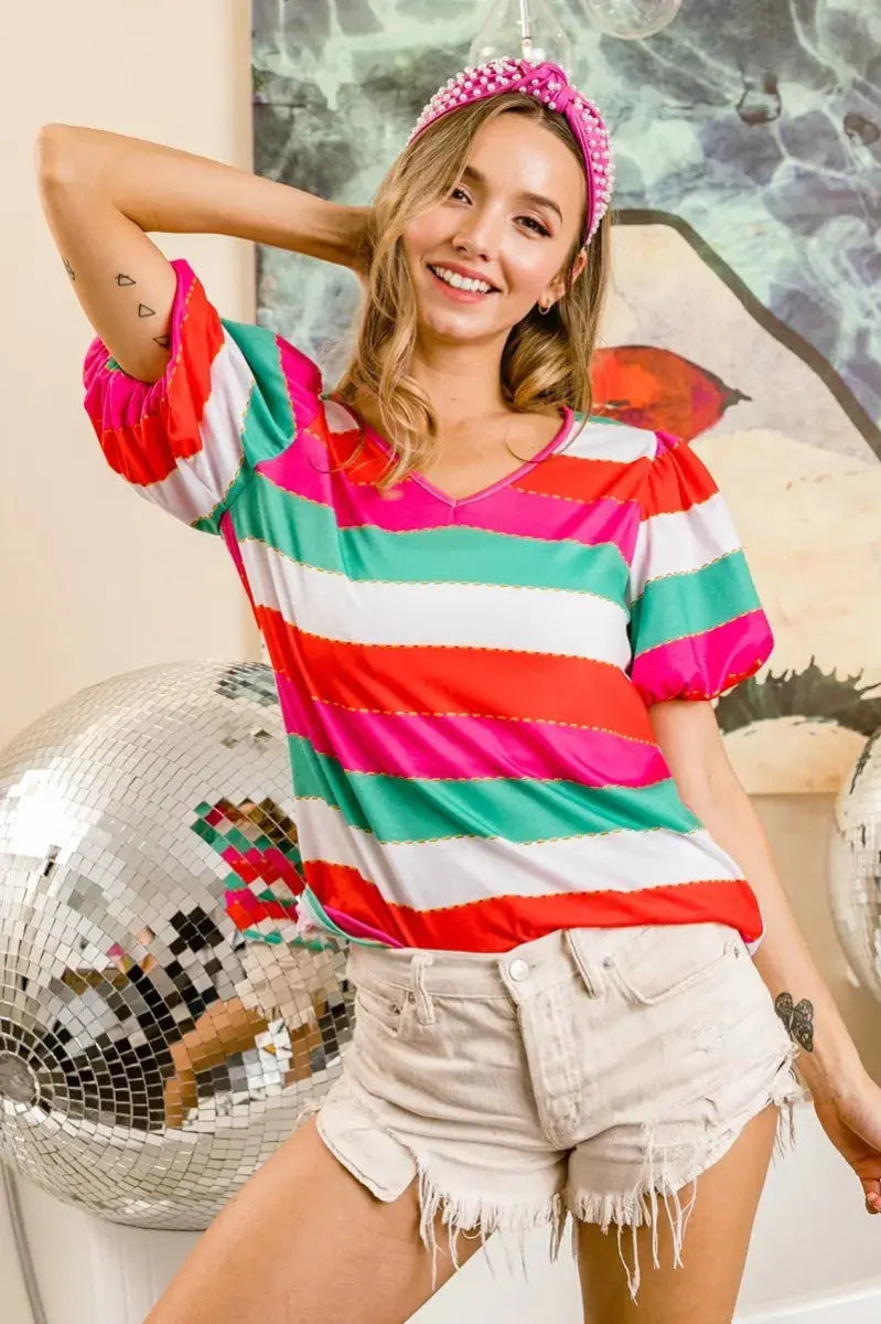 BiBi Multi Stripe Color Print Puff Sleeves V Neck Top - Love Salve